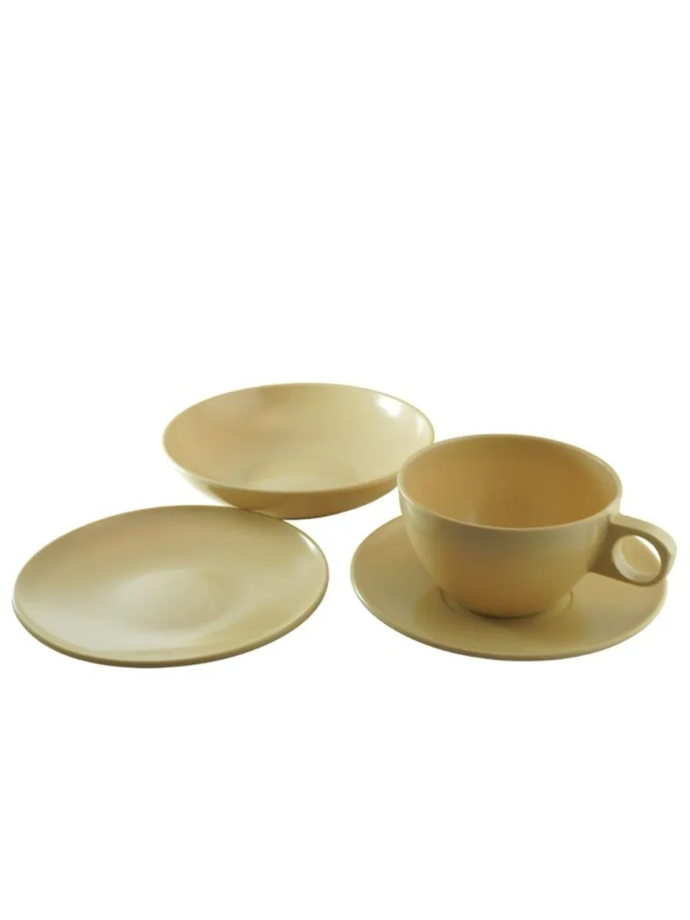Vintage 16pc Beige Plastic Snack Set Small Bowls Cups Saucers Kids RV Lot